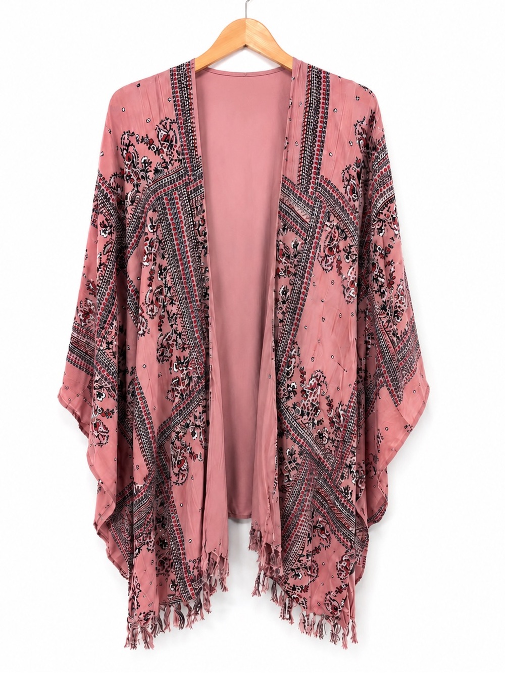 Gimmicks Pink Boho Kimono Cardigan Fringe Floral Festival Wrap XS
